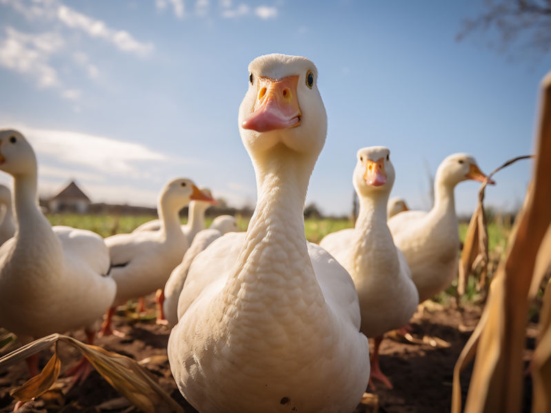 A group of ducks together in a backyard